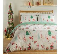 furn. Duvet Day Elfie Duvet Cover Set - Festive Reversible Bedding (Cream/Mint - Double)