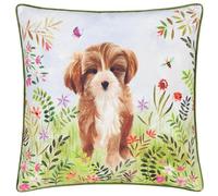furn. Evans Lichfield Daisy Hill Charlie Feather Filled Cushion - Hand Painted Embroidered Floral Dog Piped Decorative Pillow (Multicolour/Green - 45x45cm)
