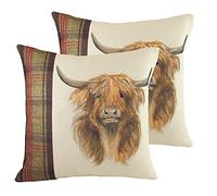 furn. Evans Lichfield Hunter Highland Cow Feather Filled Cushions (Twin Pack), Polyester, Multi
