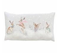 furn. Evans Snowy Hares Feather Filled Cushion (Multicolour - 30x50cm) | Festive Winter Hand Painted Watercolour Snowfall Woodland Wildlife Decorative Pillow