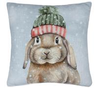 furn. Evans Winter Rabbit Feather Filled Cushion (Multicolour - 43x43cm) | Festive Winter Hand Painted Watercolour Snowy Woodland Animal Velvet Reverse Piped Trim Decorative Pillow