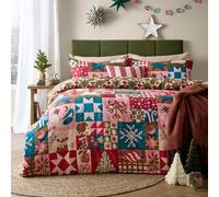 furn. Fika Duvet Cover Set (Multicolour - Double) | Reversible Winter Festive Scandi Patchwork Mistletoe Snowflake Easycare Polycotton Bedding