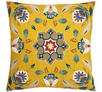 furn. Folk Flora Cushion Cover - Water Resistant Folk Art Floral Mandala Outdoor Decorative Case (Ochre - 43x43cm)