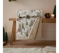 furn. Forest Festivities Throw - Woodland Christmas Scene Faux Fur Velvet Blanket (Natural - 130x180cm)