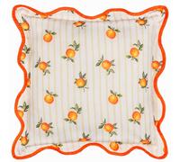 furn. Fruits Oranges Cushion Cover (Yellow - 45x45cm) | Water-resistant striped design with an orange fruit print and playful piped edge