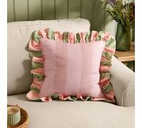furn. Wylder Birdie Stripe Polyester Filled Cushion - Ruffle Edge Cotton Striped Decorative Pillow (Pink/Green - 45x45cm)
