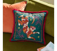 furn. Les Animaux Tigeress Polyester Filled Cushion - Colourful Tufted Tiger Fringe Trim Decorative Pillow (Emerald - 45x45cm)