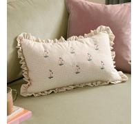 furn. Les Petite Fleurs Feather Filled Cushion - Embroidered Floral Ruffle Trim Gingham Decorative Pillow (Natural - 40x60cm)