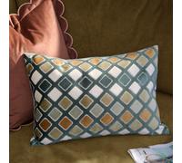 furn. Metro Diamond Feather Filled Cushion - Geometric Velvet Jacquard Decorative Pillow (Green - 35x50cm)