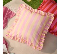 furn. Palm Royale Stripe Cushion Cover- Water Resistant Bold Striped Ruffle Trim Outdoor Decorative Case (Pink/Yellow - 50x50cm)