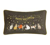 furn. Halloween Pawty Polyester Filled Cushion - Cute Spooky Halloween Cat Embroidered Velvet Decorative Pillow (Multicolour - 30x50cm)