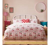 furn. Heya Home Cherry Gingham Duvet Set - Reversible Soft & Durable Polycotton Fruit Bedding (Pink - King - 230x220cm)