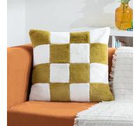 furn. Heya Home Cozee Check Faux Fur Cushion - Ultra-Soft Checkerboard Design Polyester Filled (Olive - 50 x 50 cm, Pack of 1)