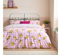 furn. Heya Home Gingham Lemons Duvet Cover Set - Reversible Soft & Durable Polycotton Fruit Bedding (Pink - King - 230x220cm)