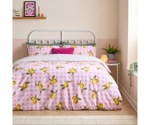 furn. Heya Home Gingham Lemons Duvet Cover Set - Reversible Soft & Durable Polycotton Fruit Bedding (Pink - King)