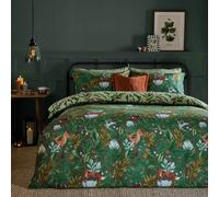 furn. Into The Woods Duvet Cover Set - Reversible Woodland Animal Cotton Blend Bedding Set (Forest Green - Single)