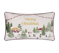 furn. Joy To All Cushion Cover - Festive Velvet Embroidered Christmas City Case with Piped Trim (Snow/Berry - 30x50cm)