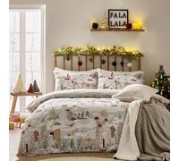 Furn. Joy To All Duvet Cover Set - Reversible Christmas Bedding with Cities and Landmarks Design (Snow/Berry - Double)
