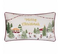 furn. Joy To All Cushion Cover - Festive Velvet Embroidered Christmas City Case with Piped Trim (Snow/Berry - 30x50cm)