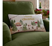 furn. Joy To All Polyester Filled Cushion - Festive Velvet Embroidered Christmas City Pillow with Piped Trim (Snow/Berry - 30x50cm)