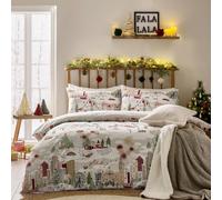 furn. Joy To All Duvet Cover Set - Reversible Christmas Bedding with Cities and Landmarks Design (Snow/Berry - Double)