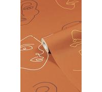 Furn. Kindred Terracotta Orange Abstract Faces Printed Wallpaper 10m x 53cm