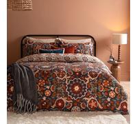 furn. Kinfolk Duvet Cover Set - Reversible Suzani Inspired Floral Geometric Tile Cotton Blend Easy Care Bedding (Denim Blue - Super King)