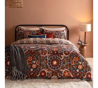 furn. Kinfolk Duvet Cover Set - Reversible Suzani Inspired Floral Geometric Tile Cotton Blend Easy Care Bedding (Denim Blue - King)
