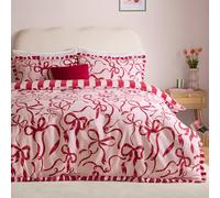 furn. La Vie En Bows Duvet Cover Set (Pink/Red - Single) | Reversible Striped Bow Ruffle Trim Cotton Blend Easy Care Bedding