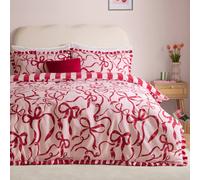 furn. La Vie En Bows Duvet Cover Set - Reversible Easy Care Striped Bow Ruffle Trim Cotton Blend Bedding (Pink Red - Double)