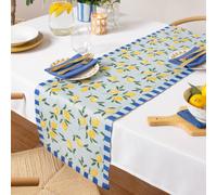 furn. Lemons Table Runner - Washable Striped Mediterranean Fruits Quick Drying Dining Table Decoration (Blue - 220x35cm)