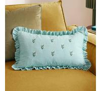 furn. Les Petite Fleurs Polyester Filled Cushion - Embroidered Floral Ruffle Trim Gingham Decorative Pillow (Green - 30x50cm)