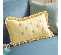 furn. Les Petite Fleurs Polyester Filled Cushion - Embroidered Floral Ruffle Trim Gingham Decorative Pillow (Yellow - 30x50cm)