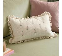 furn. Les Petite Fleurs Polyester Filled Cushion - Embroidered Floral Ruffle Trim Gingham Decorative Pillow (Natural - 30x50cm)