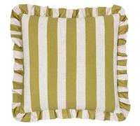 furn. Linen Stripe Printed Ruffle Feather Filled Cushion - Linen/Olive - 50x50cm