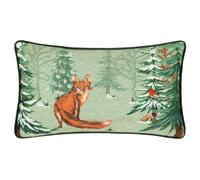 furn. Lodge Wood Feather Filled Cushion (Green - 30x50cm) | Woodland Forest Fox Scene Embroidered Velvet Reverse Piped Trim Pillow