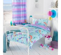 furn. Mermaid Duvet Cover Set - Reversible Underwater Seahorse Soft Polycotton Easy Care Childrens Bedding (Blue/Purple - Toddler - 120x150cm)