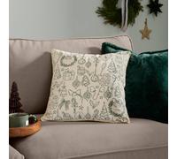 furn. Furn Merry Christmas Embroidered Velvet Polyester Filled Cushion, Ecru/dark Green, 45 X 45 Cm