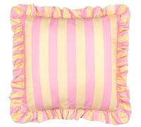 furn. Palm Royale Stripe Polyester Filled Cushion (Pink/Yellow - 50x50cm) | Water-resistant bold striped design finished with a playful ruffle trim for outdoor spaces