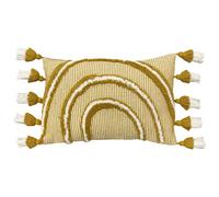 furn. Rainbow Tuft Feather Filled Cushion - Colourful Tufted Tassel Trim Decorative Cotton Pillow (Ochre - 30x50cm)