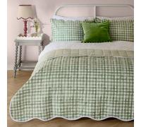 furn. Scallop Bedspread - Reversible Quilted Gingham Check Scalloped Edge Coverlet Bedding (Sage - 265x265cm)