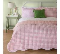 furn. Scallop Bedspread - Reversible Quilted Gingham Check Scalloped Edge Coverlet Bedding (Pink - 150x200cm)