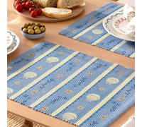 furn. Sea Shells Placemats - Washable Nautical Stripe Coastal Set of 4 Quick Drying Table Mats (Blue - 46x36cm)