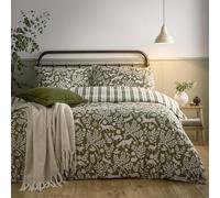 furn. Skandi Woodland Duvet Cover Set - Reversible Striped Scandinavian Forest Animal Design Bedding (Thyme Green - Super King)