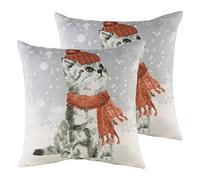 furn. Snowy Cat with Scarf Polyester Filled Cushions (Twin Pack), Multi, 43 x 43cm