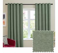 furn. Soft Chenille Blackout Eyelet Curtain Pair - Soft Touch Matt Textured Lined Minimalist Curtains (Green - 117x137cm)