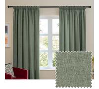 furn. Soft Chenille Blackout Pencil Pleat Curtain Pair - Soft Touch Matt Textured Lined Minimalist Curtains (Green - 168x183cm)