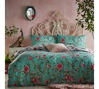 furn. Vintage Chinoiserie Duvet Cover and Pillowcase Set - Floral Exotic Bird Reversible Bedding (Jade - Super King)