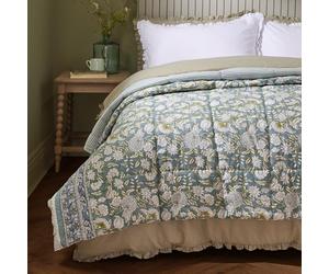 furn. Wylder Annabelle Bedspread - Reversible Floral Quilted Cotton Coverlet Bedding (Blue - 150x200cm)