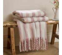 furn. Wylder Beechwood Throw - Soft Fringe Woven Stripe Cotton Blanket (Camellia - 140x180cm)